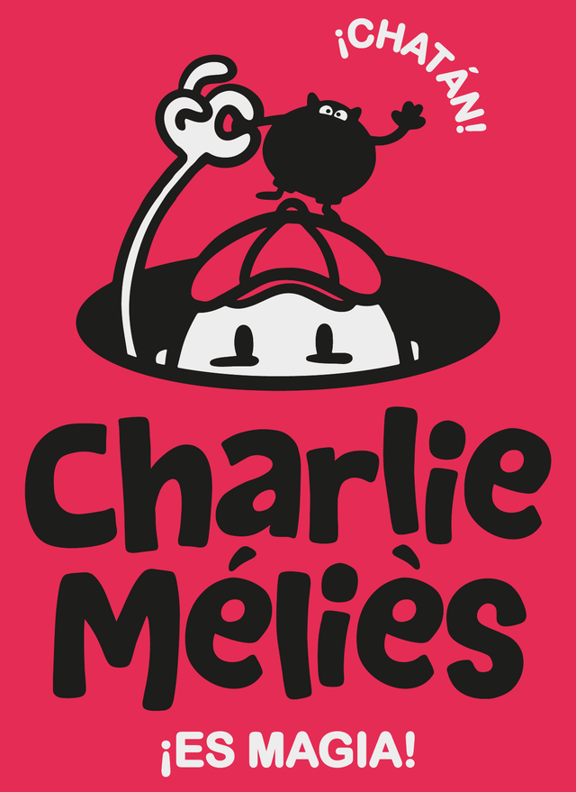 Logo de Charlie Méliès: Charlie asoma por la chistera con Chester encima. ¡Chatán! ¡Es magia!